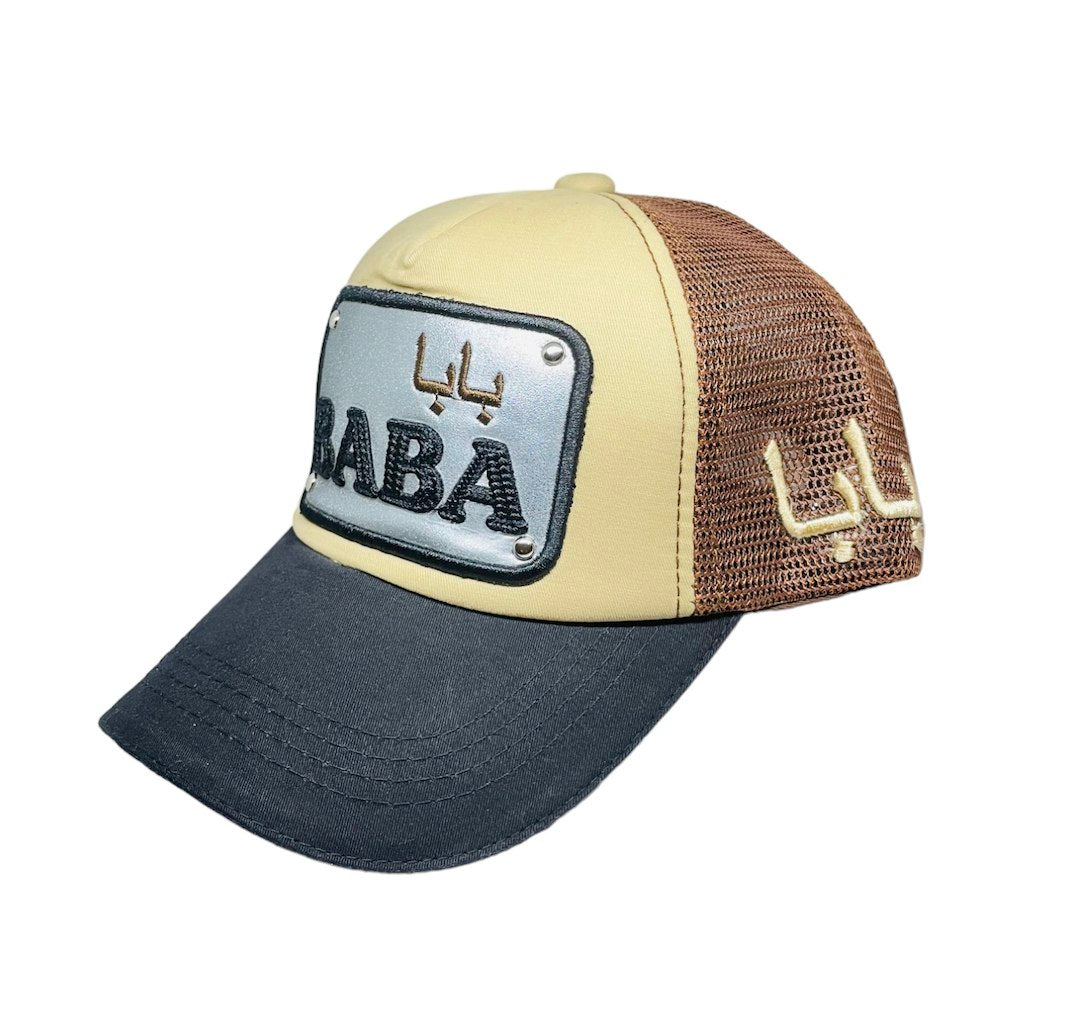 Arabic Letter " Baba" Hand Craft Base Ball Cap In Creamish Grey Black & Brown