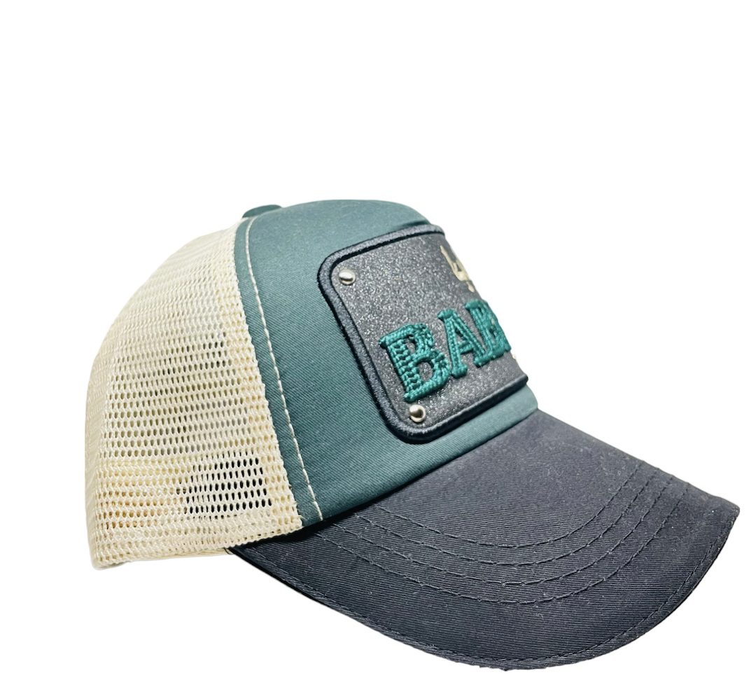 Arabic Letter “BABA” Hand Craft Base Ball Cap In Dark C-Green & Creamish Black