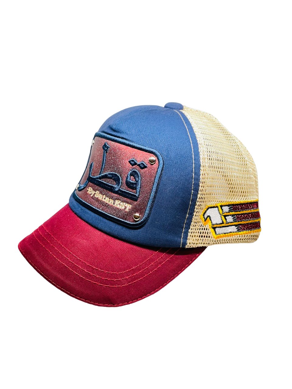 Arabic Letter "QATAR" Hand Craft Base Ball Cap In Creamish Red & Blue