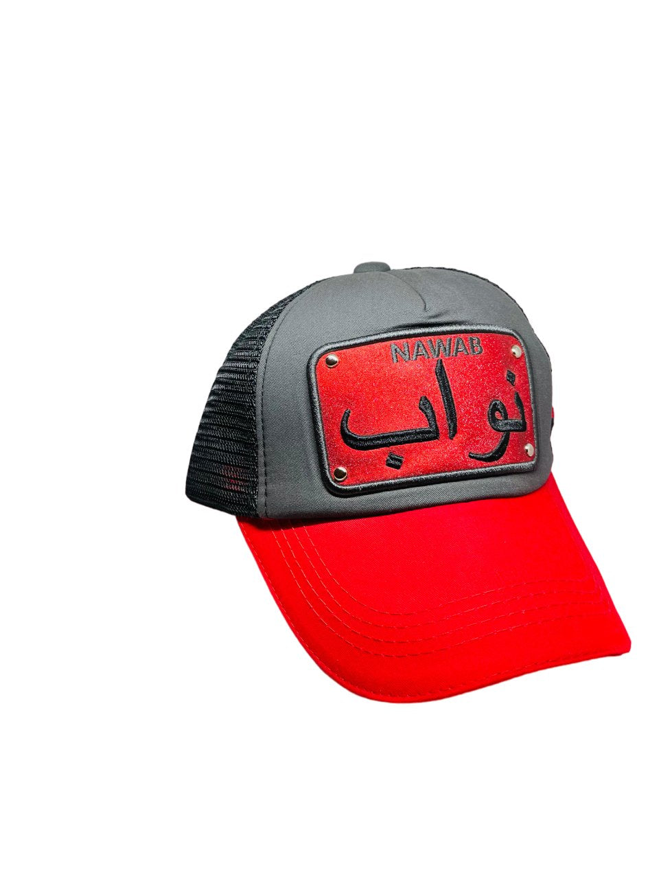 Arabic Letter "NAWAAB" Hand Craft Base Ball Cap In Redish Grey & Black