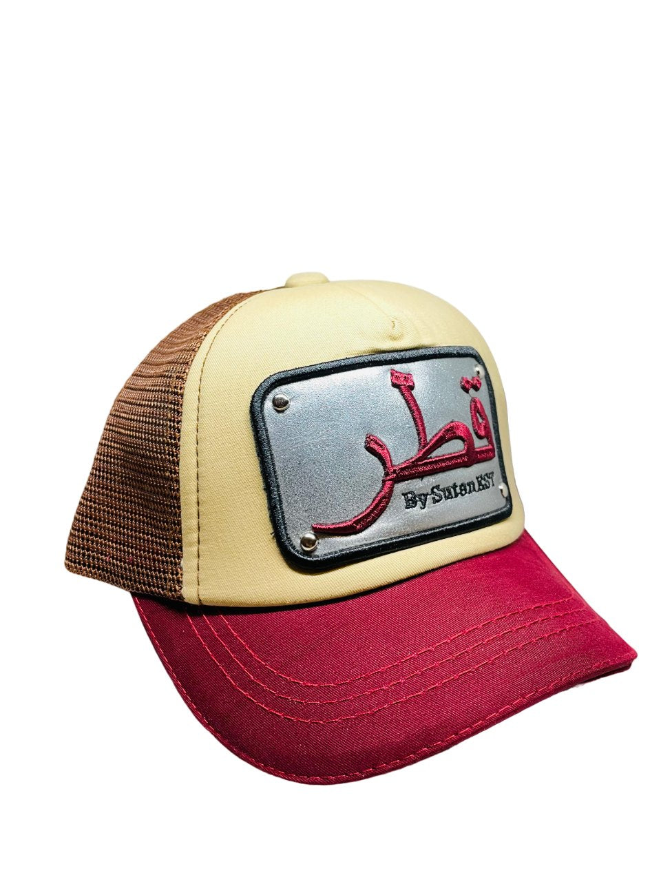 Arabic Letter "QATAR" Hand Craft Base Ball Cap In Creamish Red & Brown