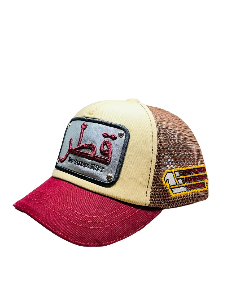 Arabic Letter "QATAR" Hand Craft Base Ball Cap In Creamish Red & Brown