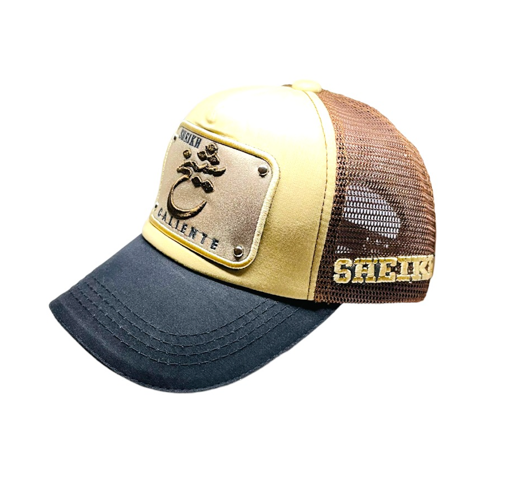 Arabic Letter "SHEIKH" Hand Craft Base Ball Cap in Golden Brown & Black